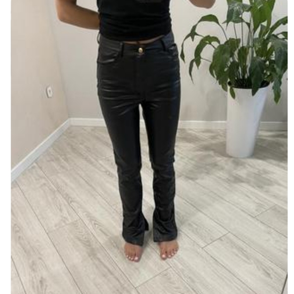 Zara Extra Long Faux Leather Straight Leggings Pants Ankle Slit - Picture 14 of 15